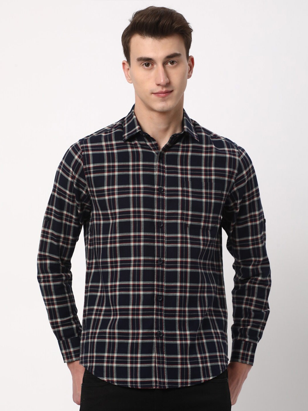 

R&B Tartan Checked Spread Collar Cotton Casual Shirt, Blue