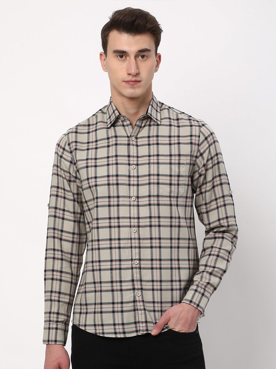 

R&B Tartan Checked Cotton Shirt, Beige