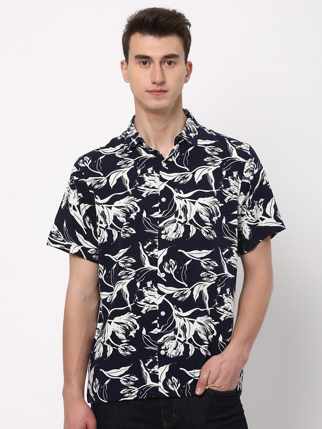 

R&B Floral Printed Shirt, Navy blue