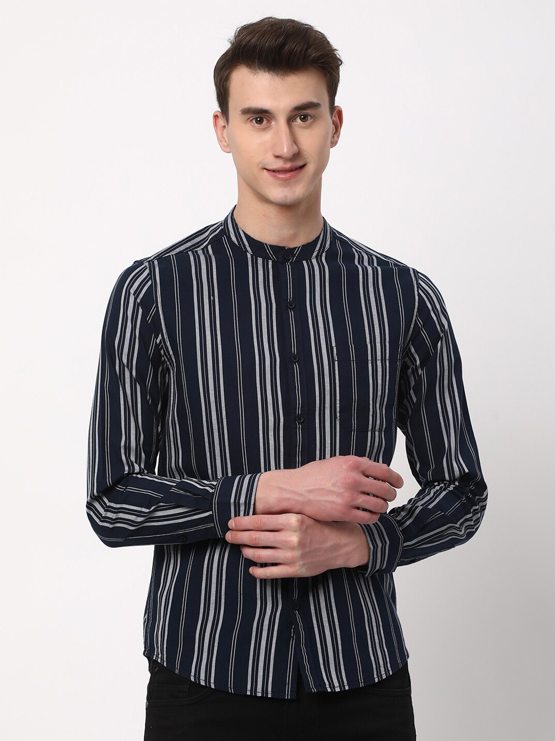 

R&B Vertical Striped Mandarin Collar Cotton Shirt, Navy blue