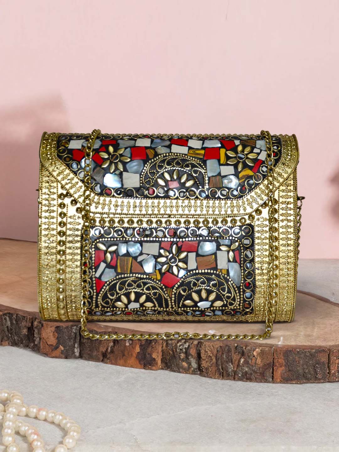 

ARTFLYCK Embellished Metal Box Clutch, Gold