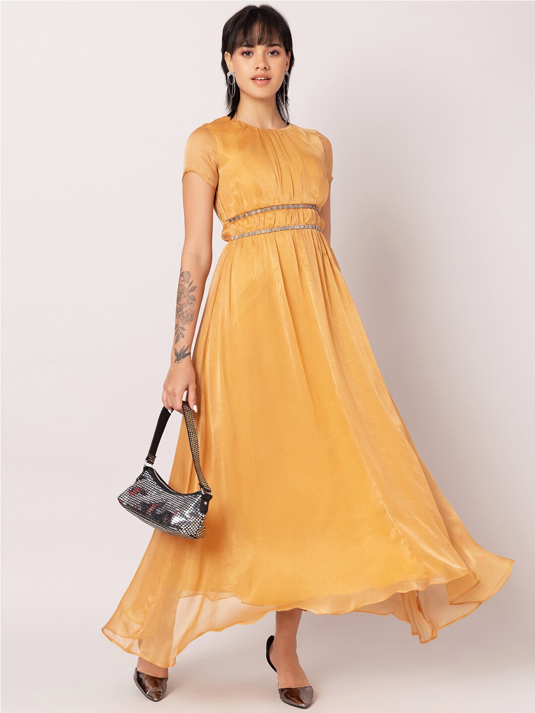 

FabAlley Gold-Toned Embellished Chiffon Maxi Dress