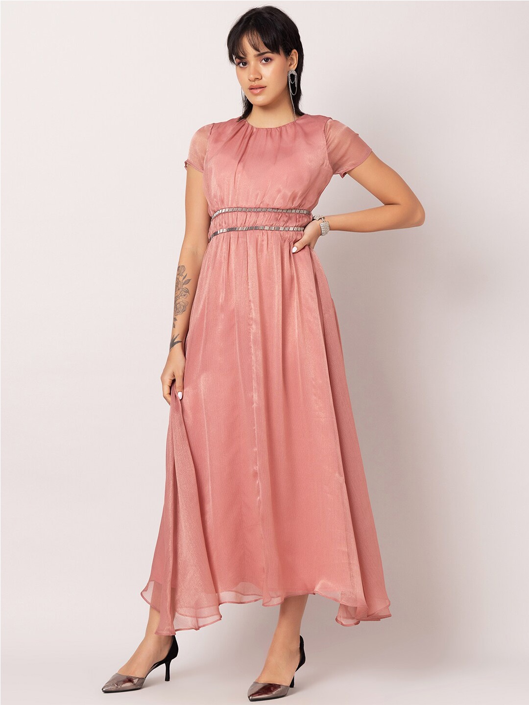 

FabAlley Pink & Embellished Chiffon Maxi Dress