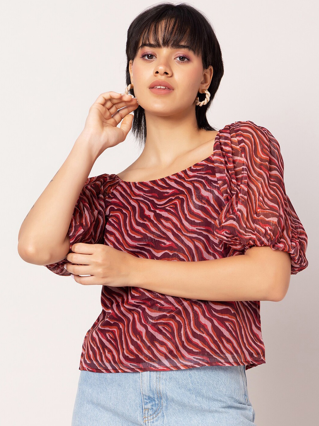 

FabAlley Abstract Printed Square Neck Georgette Top, Black