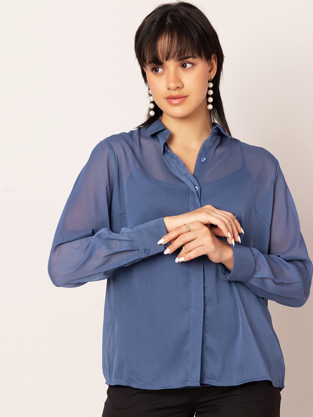 

FabAlley Semi Sheer Shirt Style Georgette Top, Blue