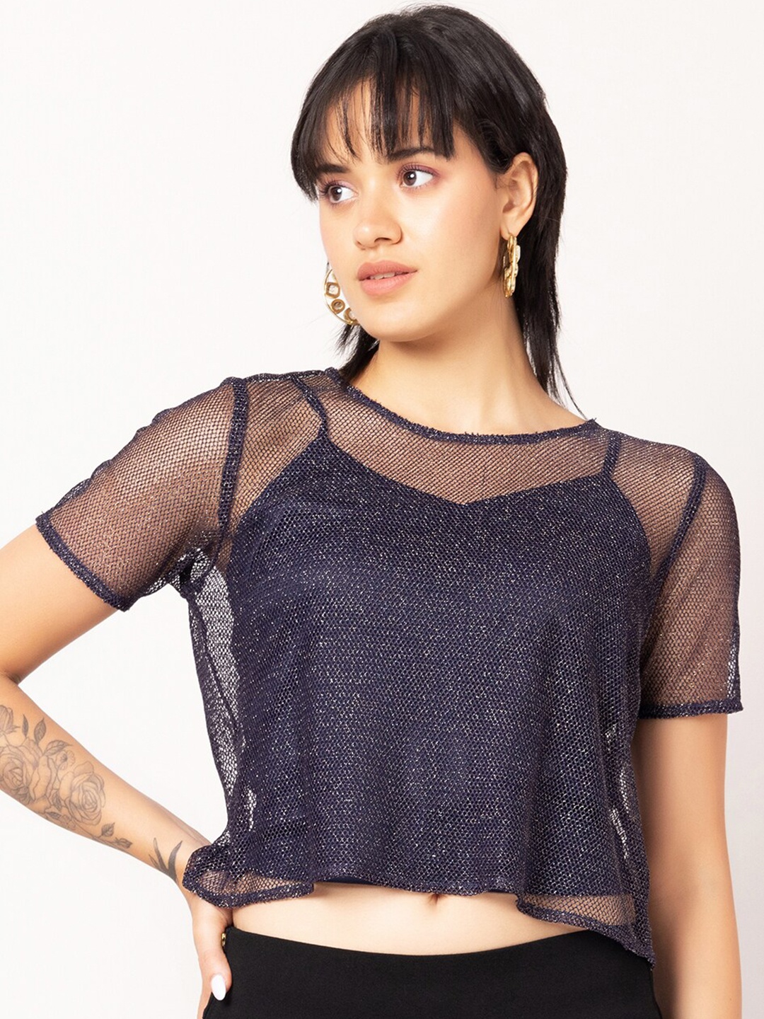 

FabAlley Self Design Crop Top, Blue