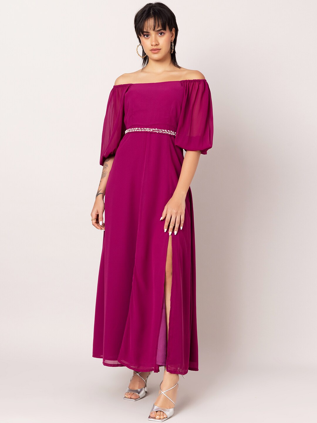 

FabAlley Purple Off-Shoulder Puff Sleeve Georgette Maxi Dress With Embellished Belt