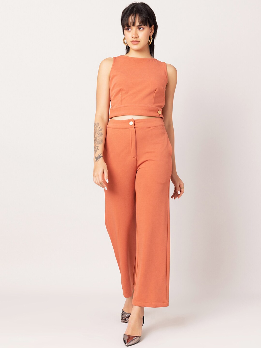 

FabAlley Sleeveless Crop Top With Trouser Co-Ords, Peach