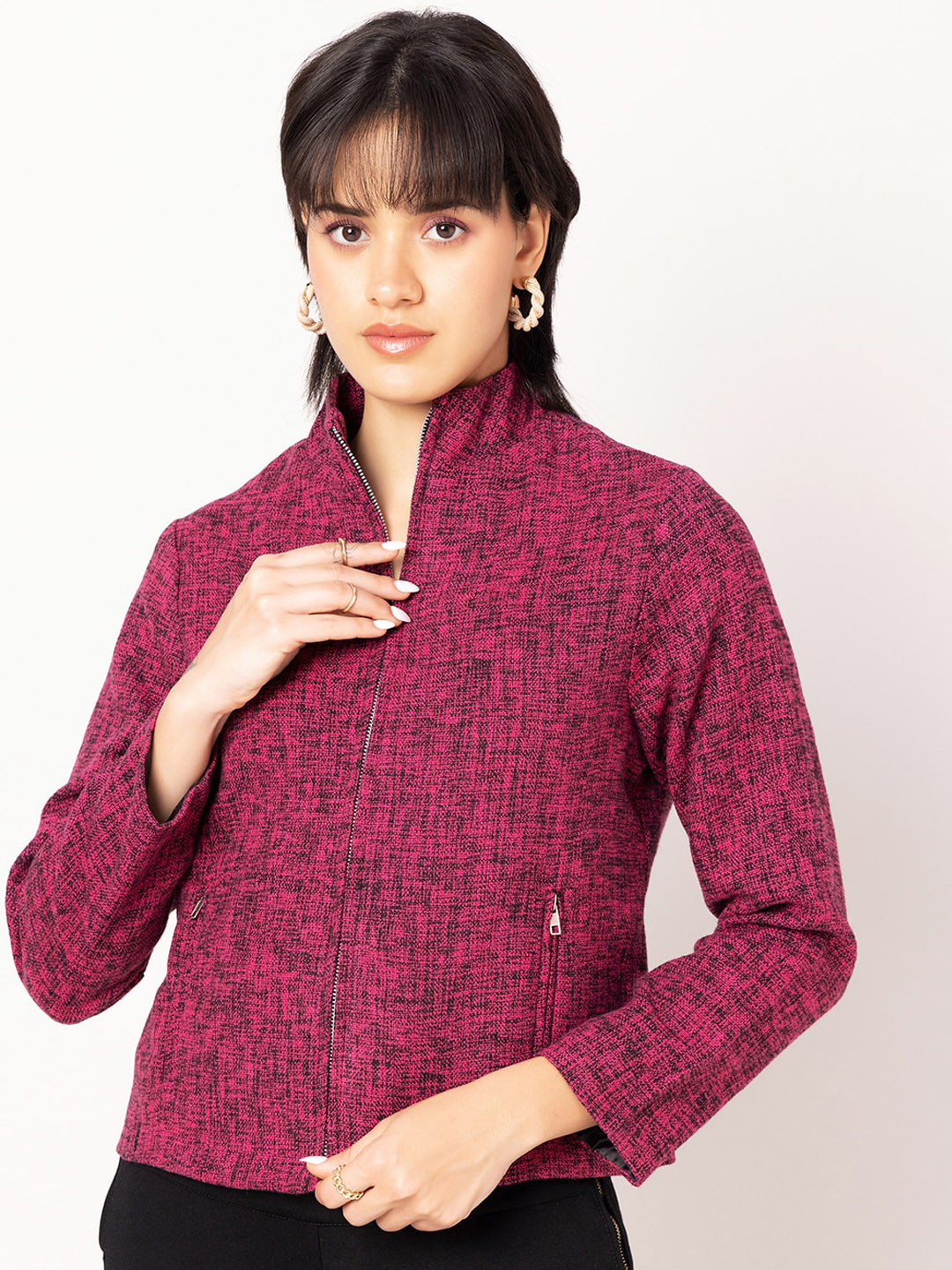 

FabAlley Pink Abstract Printed Mock Collar Bomber Jacket