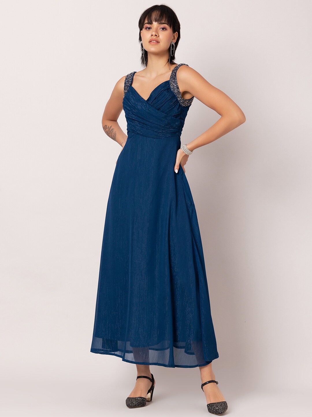 

FabAlley Blue Self Design Embellished Shoulder Straps Chiffon Maxi Dress