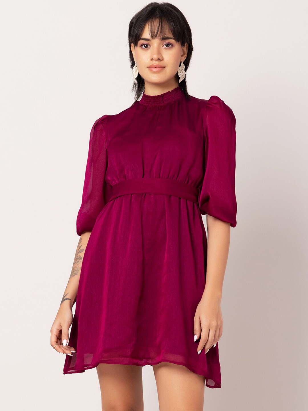 

FabAlley Purple High Neck Puff Sleeve Chiffon Fit & Flare Dress With Belt