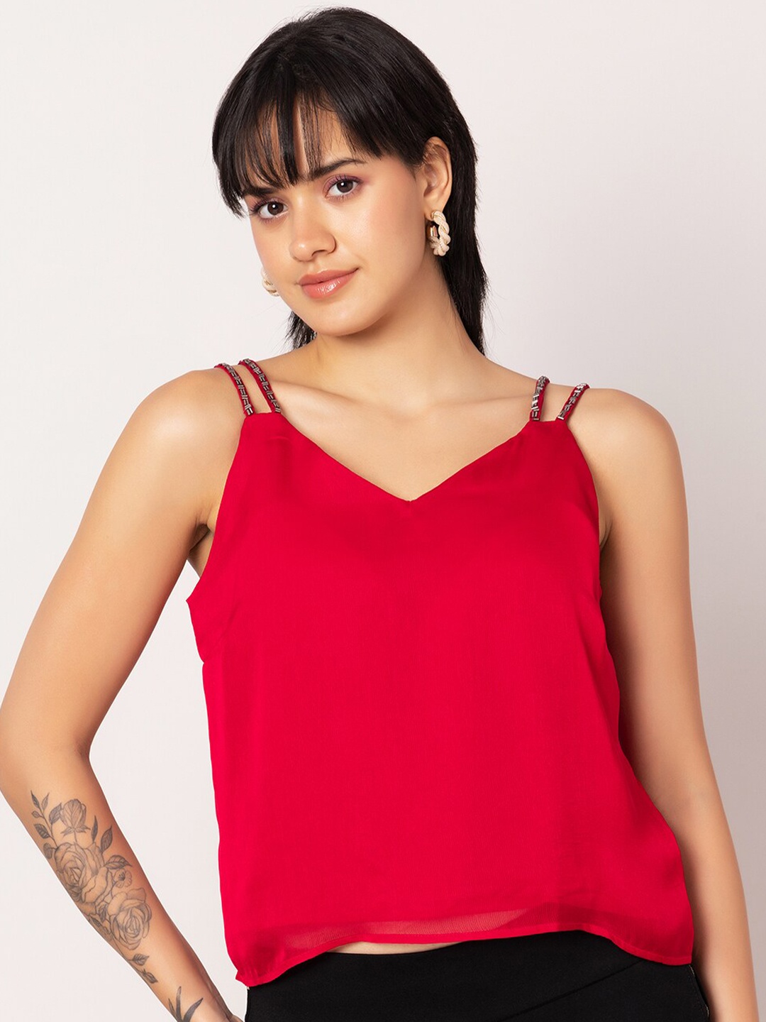 

FabAlley Shoulder Straps Embellished Chiffon Top, Red