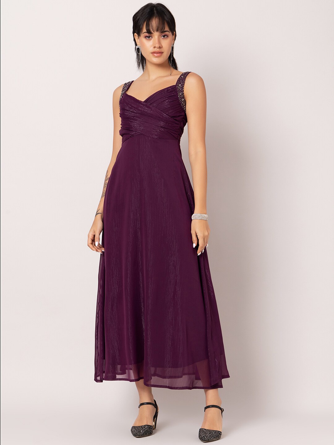 

FabAlley Maroon Self Design Embellished Shoulder Straps Chiffon Maxi Dress
