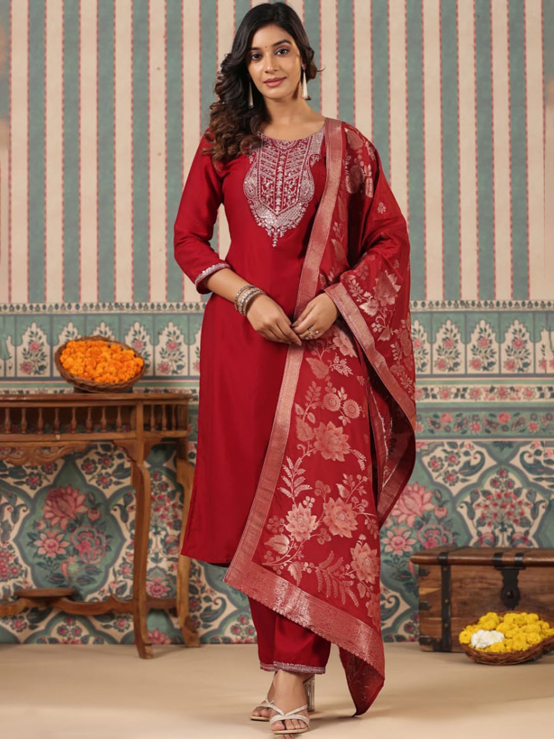 

KAJREE Ethnic Motifs Regular Thread Work Kurta with Trousers & With Dupatta, Red