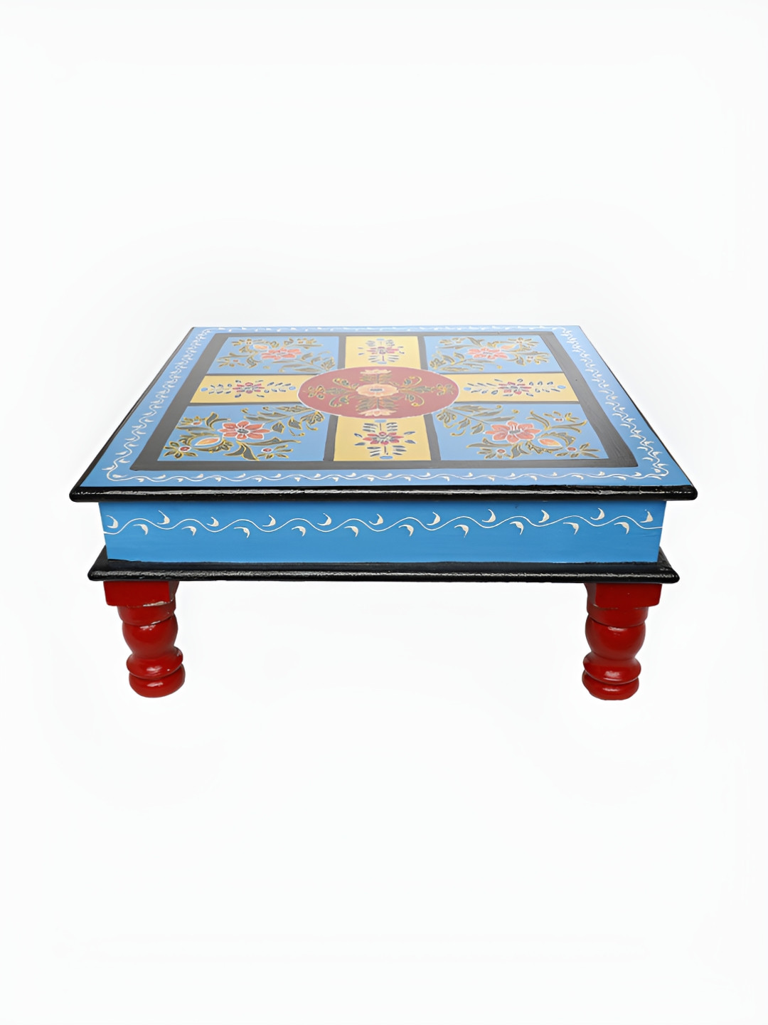 

THE COCOTIER Blue & Yellow Floral Printed Square Wooden Pooja Chowkie