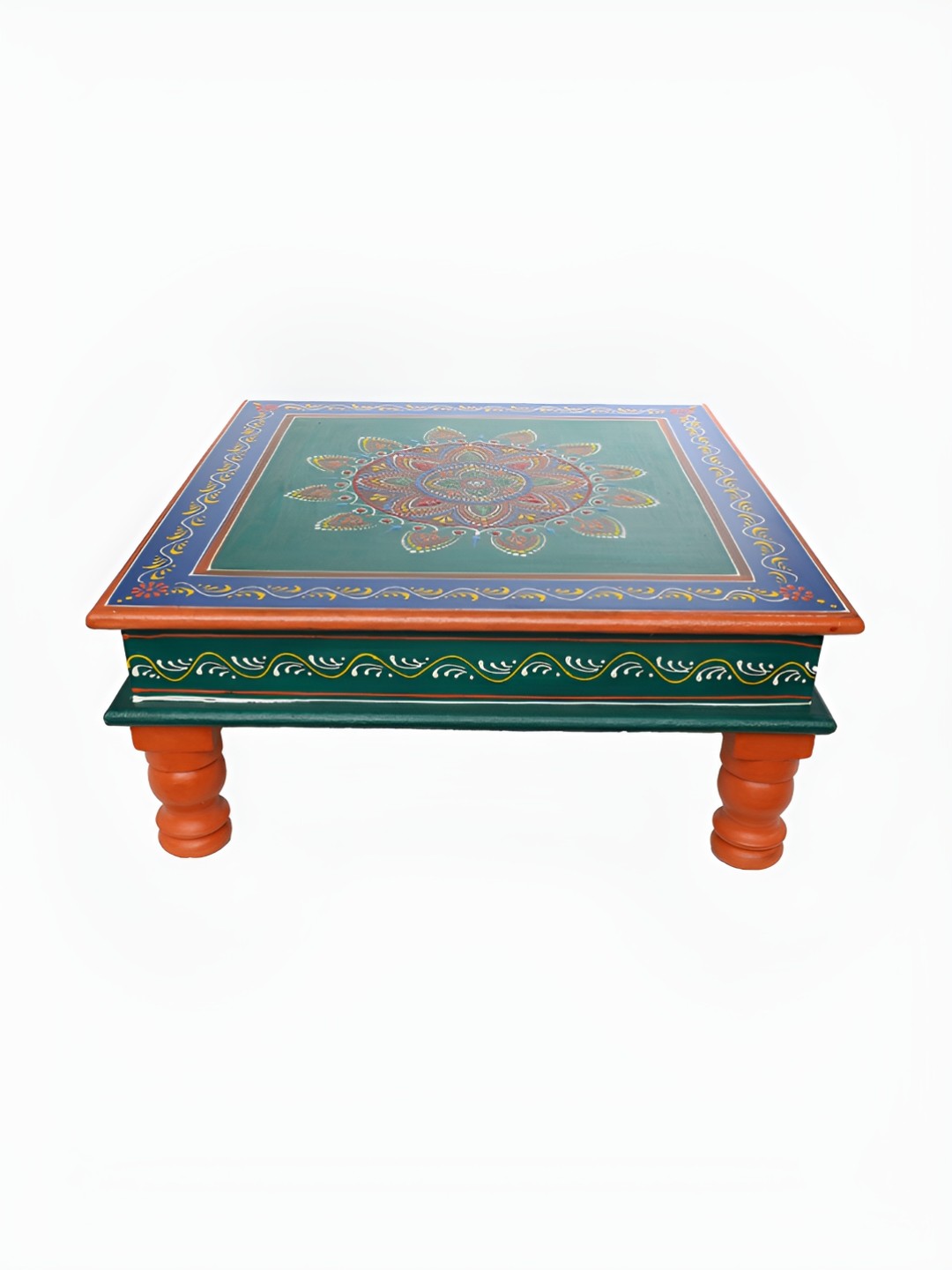 

THE COCOTIER Green & Red Floral Printed Square Wooden Pooja Chowkie