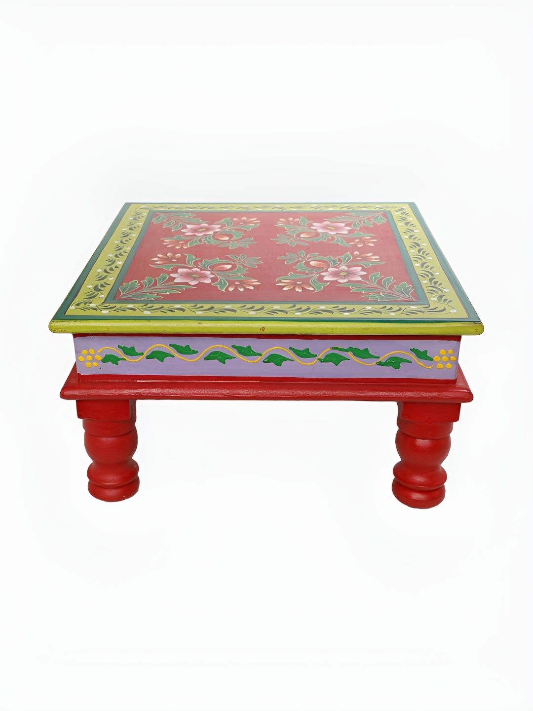 

THE COCOTIER Orange-Coloured & Green Floral Printed Square Wooden Pooja Chowkie