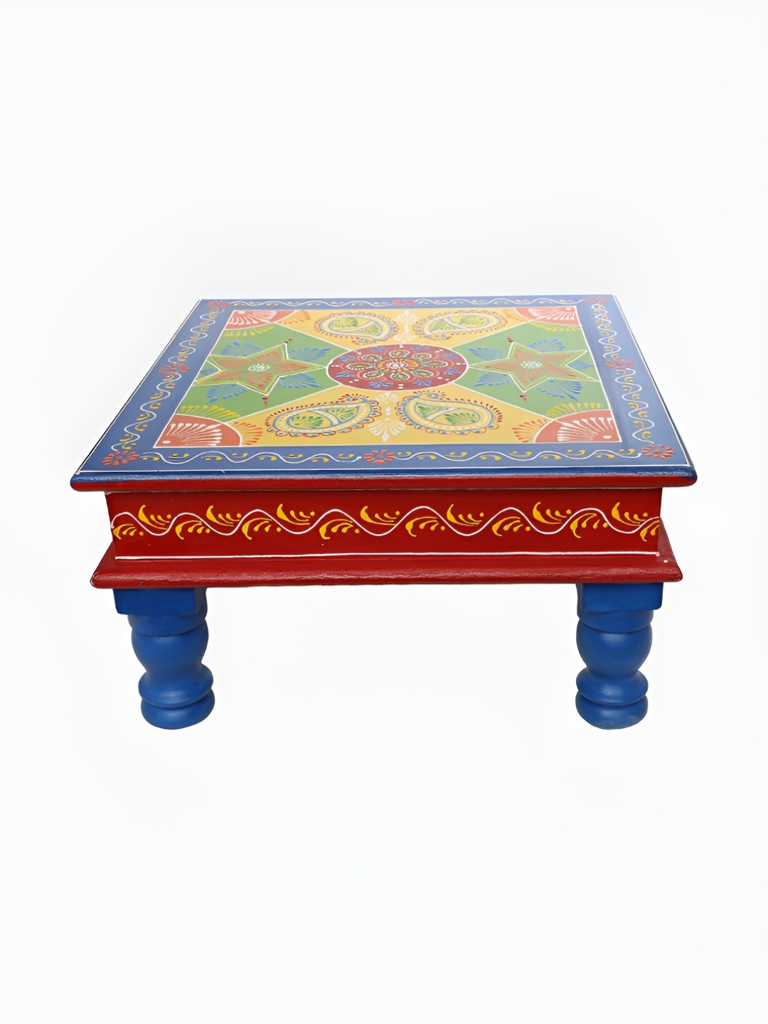 

THE COCOTIER Red & Blue Floral Printed Square Wooden Pooja Chowkie