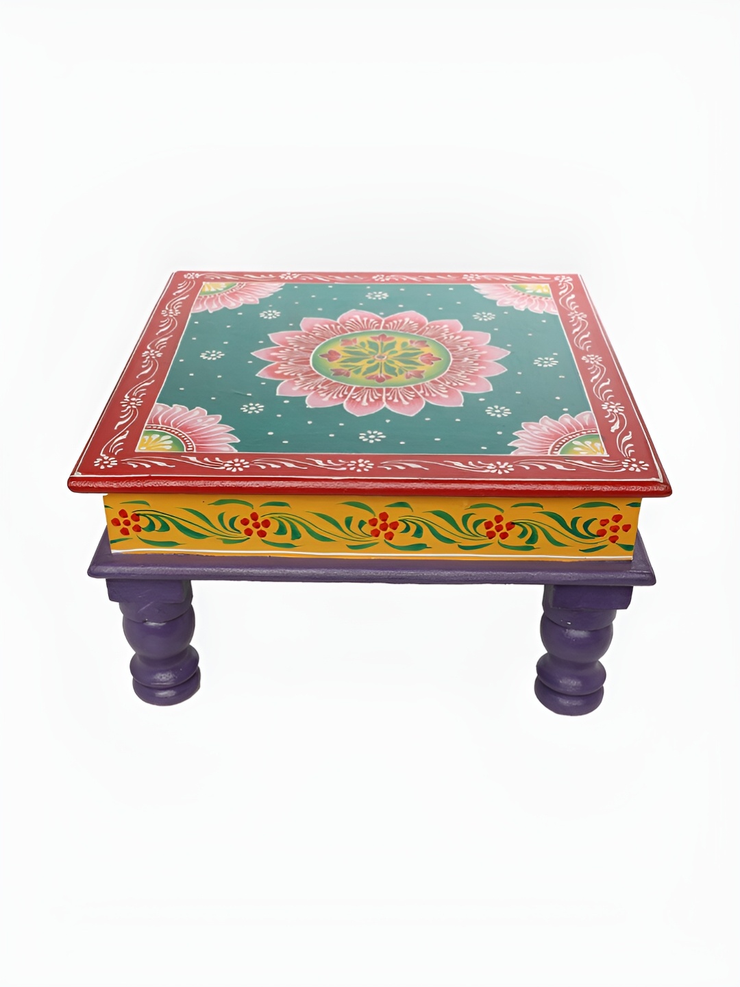 

THE COCOTIER Purple & Green Floral Printed Square Wooden Pooja Chowkie