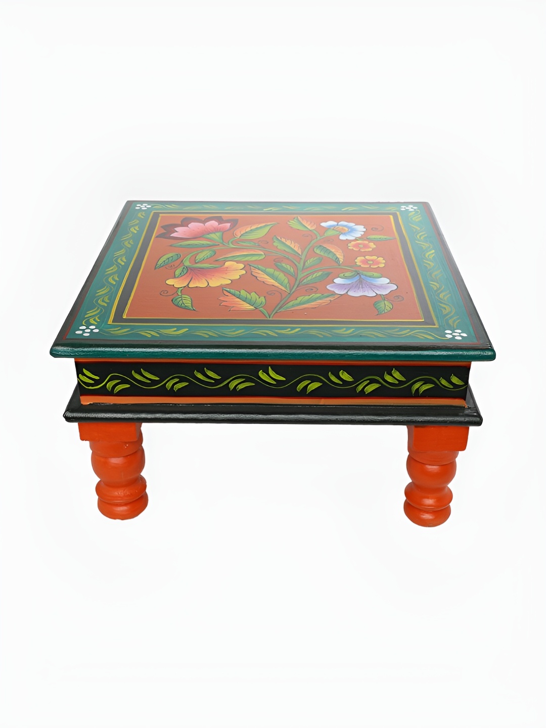 

THE COCOTIER Teal Green & Orange-Coloured Floral Printed Square Wooden Pooja Chowkie