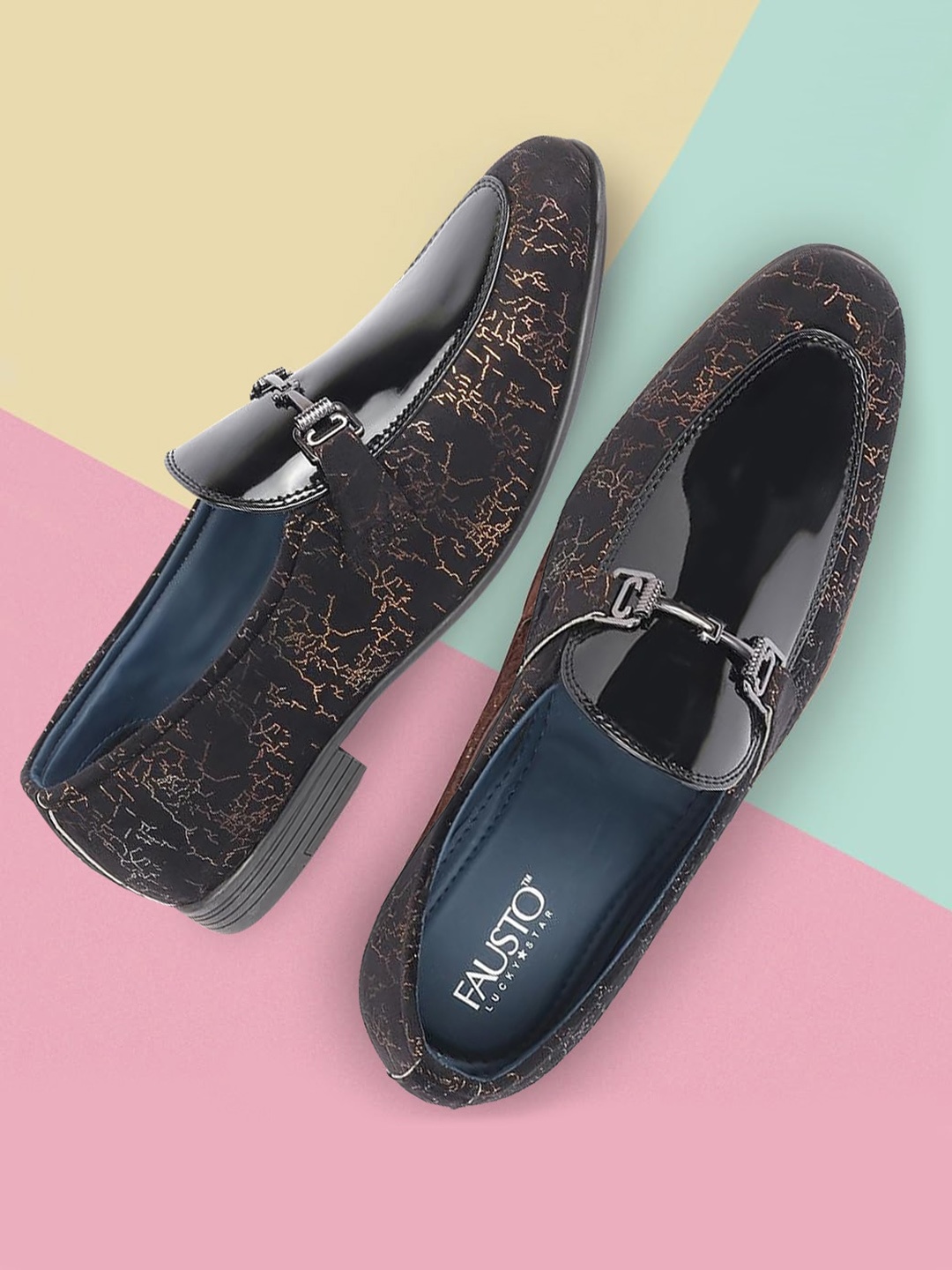 

FAUSTO Men Printed Slip-On Horsebit Loafers, Black