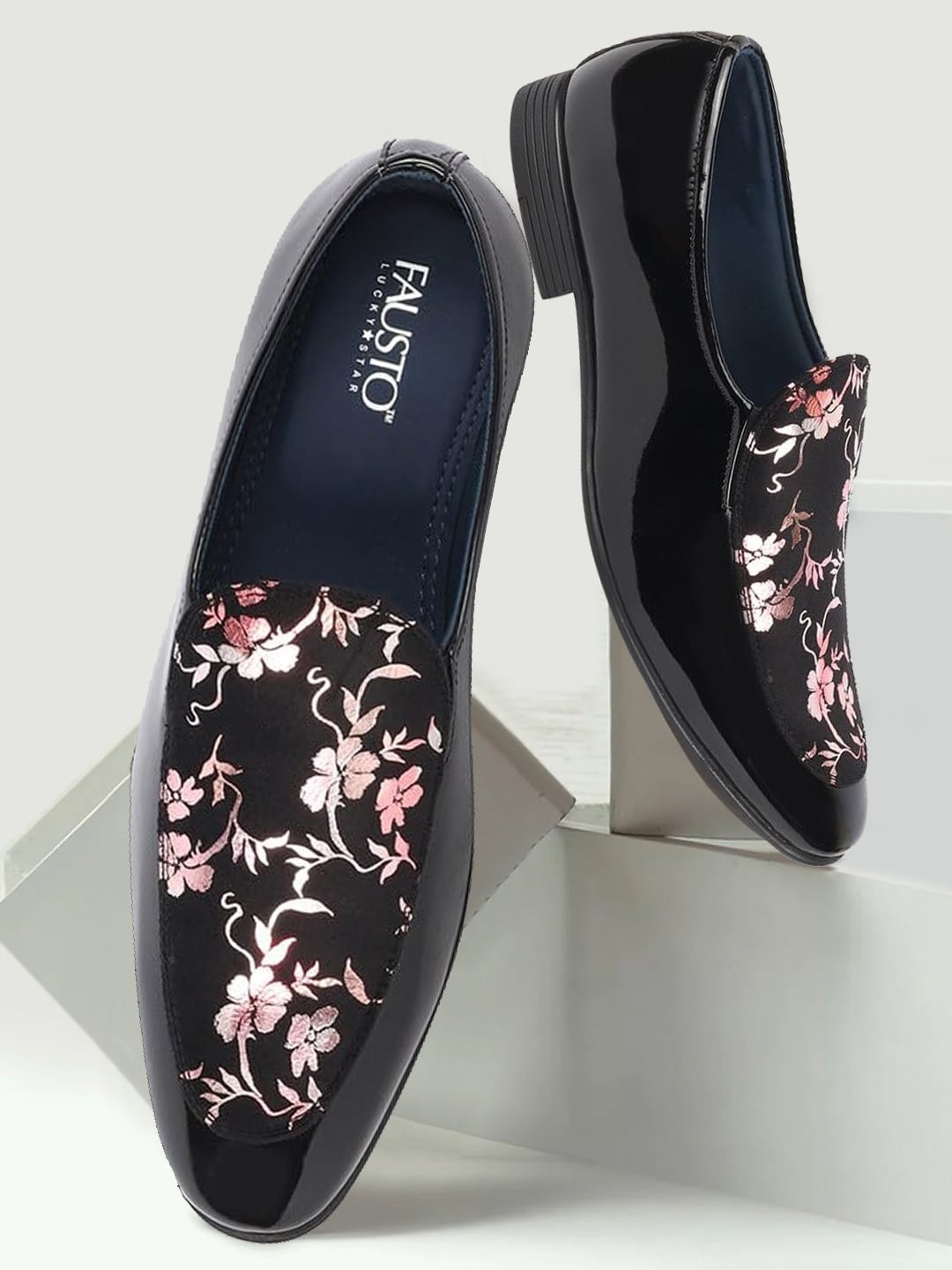 

FAUSTO Men Floral Printed Round Toe Slip-On Loafers, Black