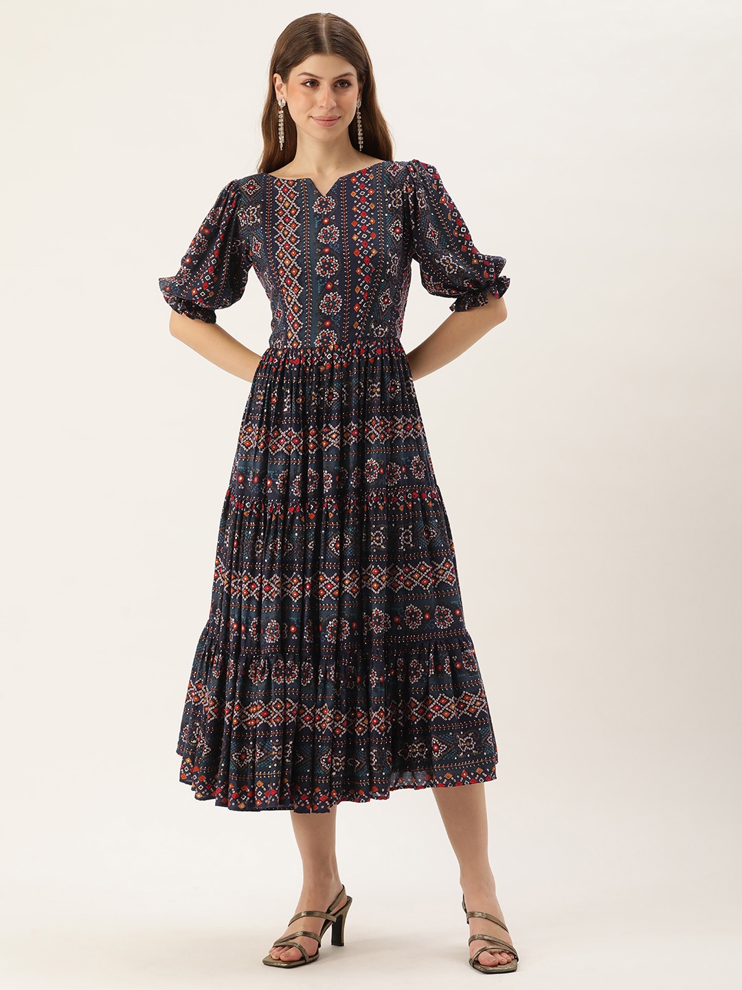 

Ethnovog Ethnic Motifs Print Puff Sleeve A-Line Midi Dress, Blue