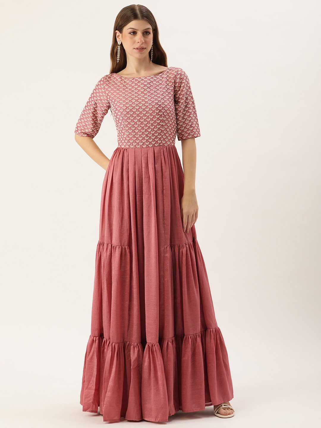 

Ethnovog Embroidered Tiered Gown Maxi Dress, Peach