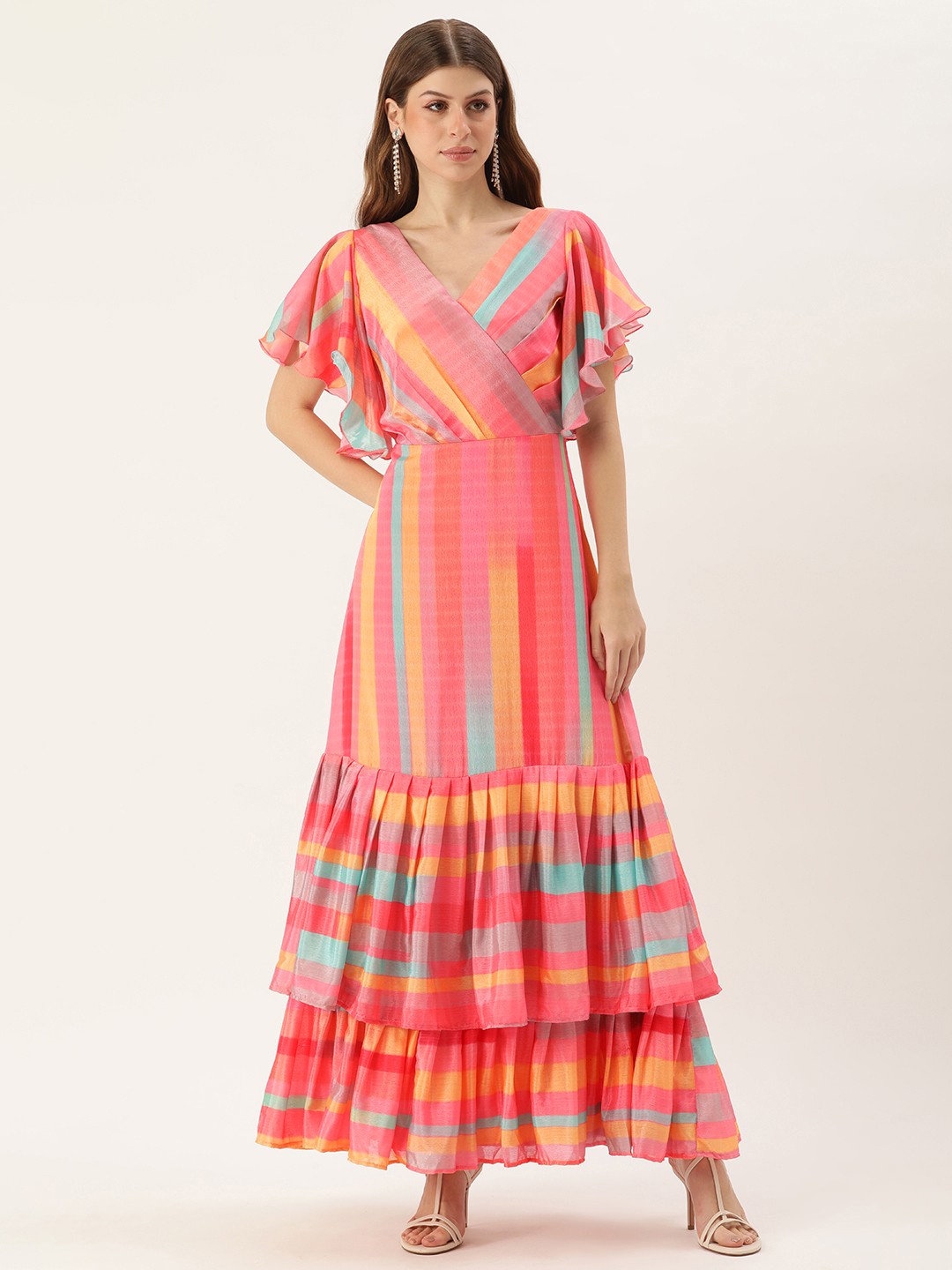 

Ethnovog Striped Flutter Sleeve Layered Maxi Dress, Multi