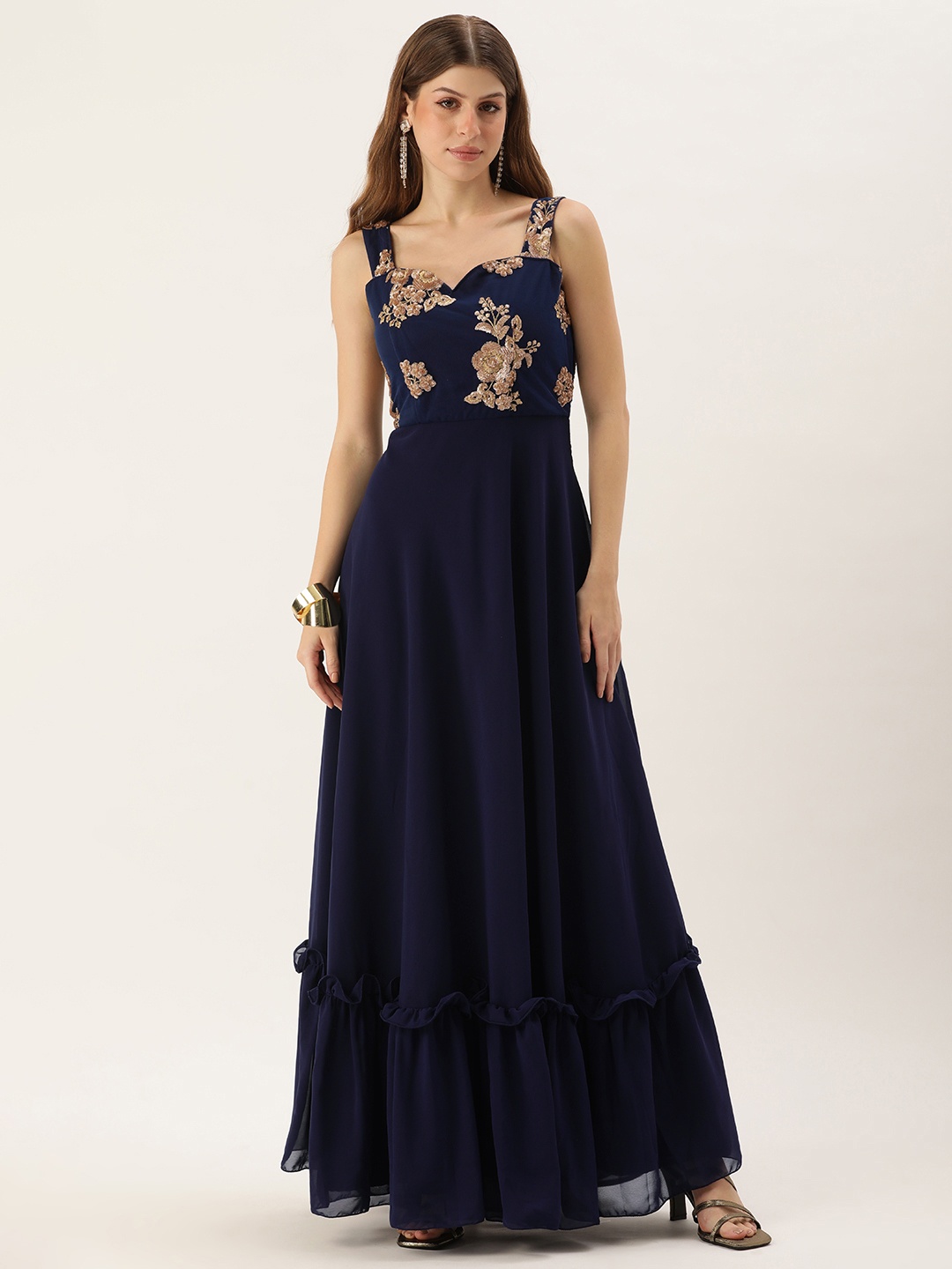 

Ethnovog Floral Embroidered Georgette Gown Maxi Dress, Navy blue