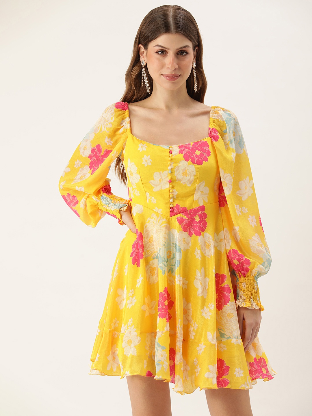 

Ethnovog Floral Print Bishop Sleeve A-Line Mini Dress, Yellow