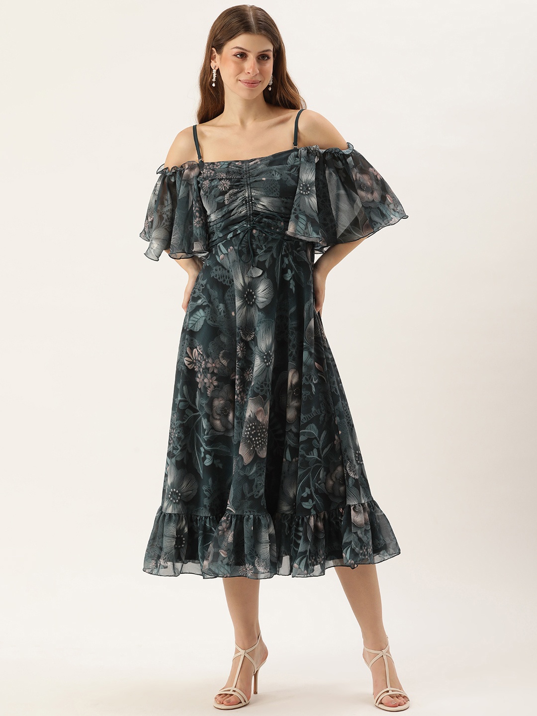 

Ethnovog Floral Print Flared Sleeve Georgette A-Line Midi Dress, Green