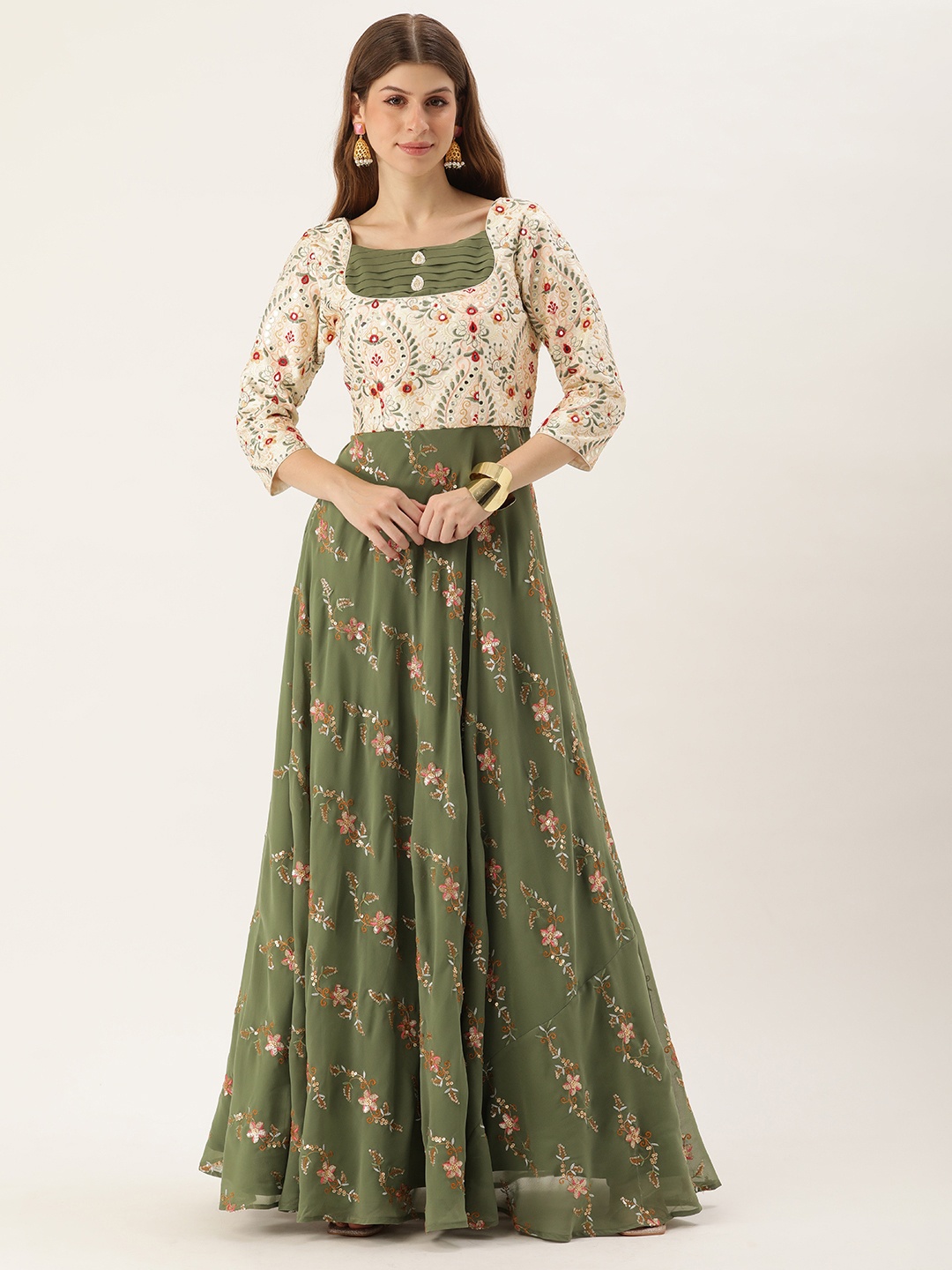 

Ethnovog Floral Embroidered Georgette Gown Maxi Dress, Green