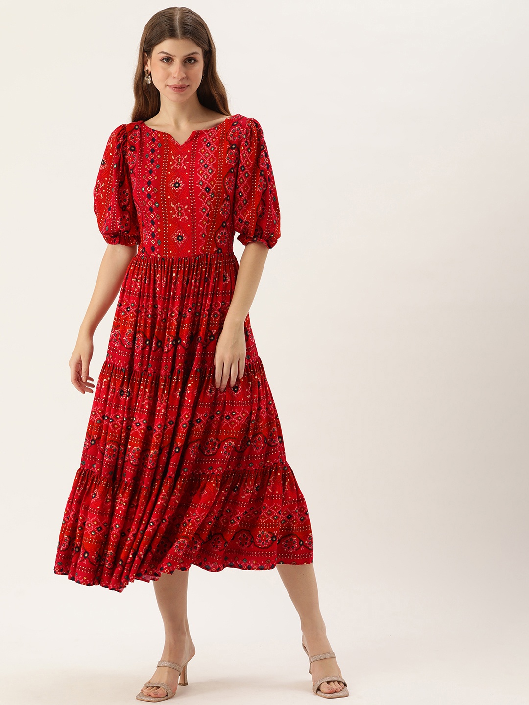 

Ethnovog Ethnic Motifs Print Puff Sleeve Fit & Flare Midi Dress, Red