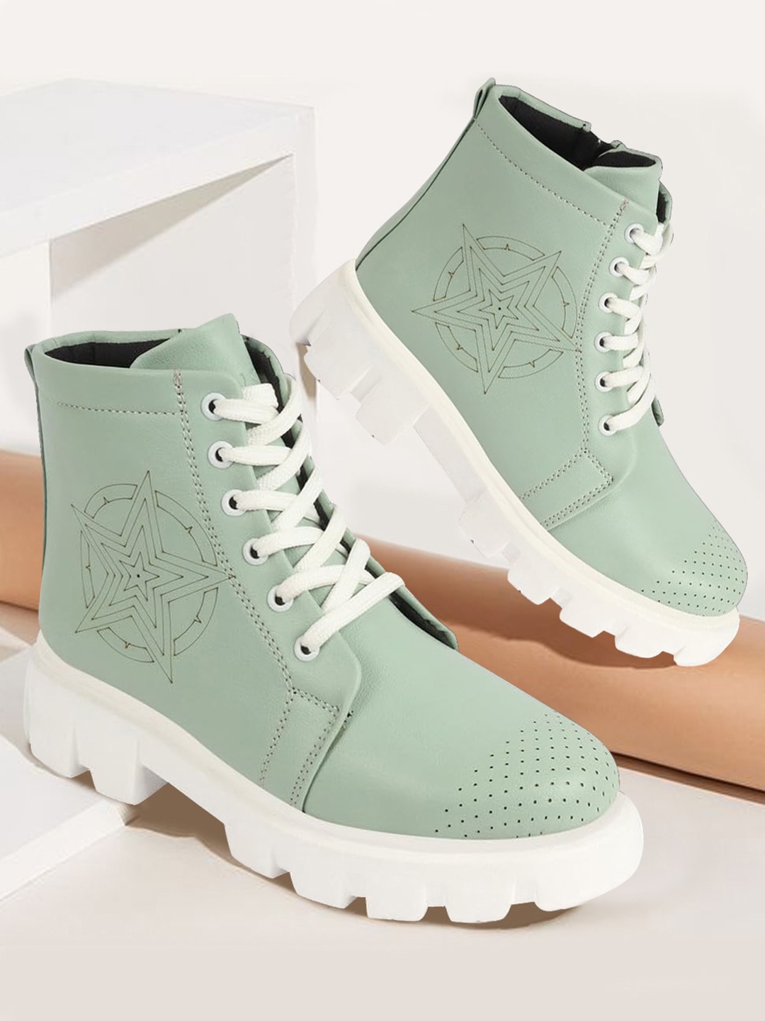 

FAUSTO Women Mid Top Perforation Platform Heeled Chunky Boots, Sea green