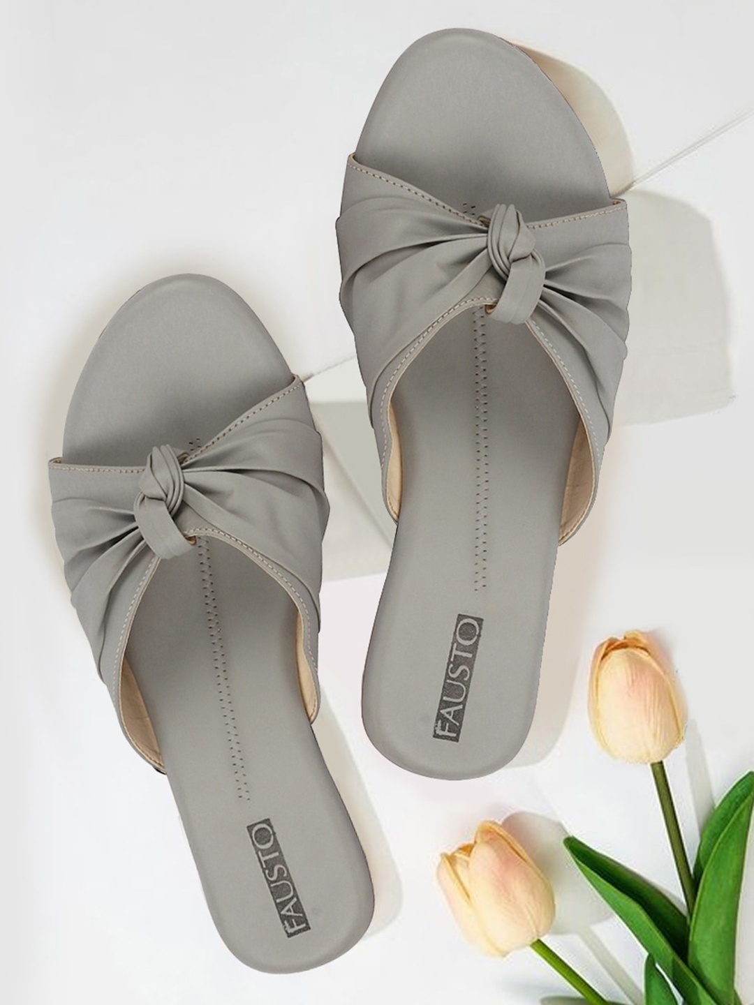 

FAUSTO Bow Detailed Open Toe Flats, Grey