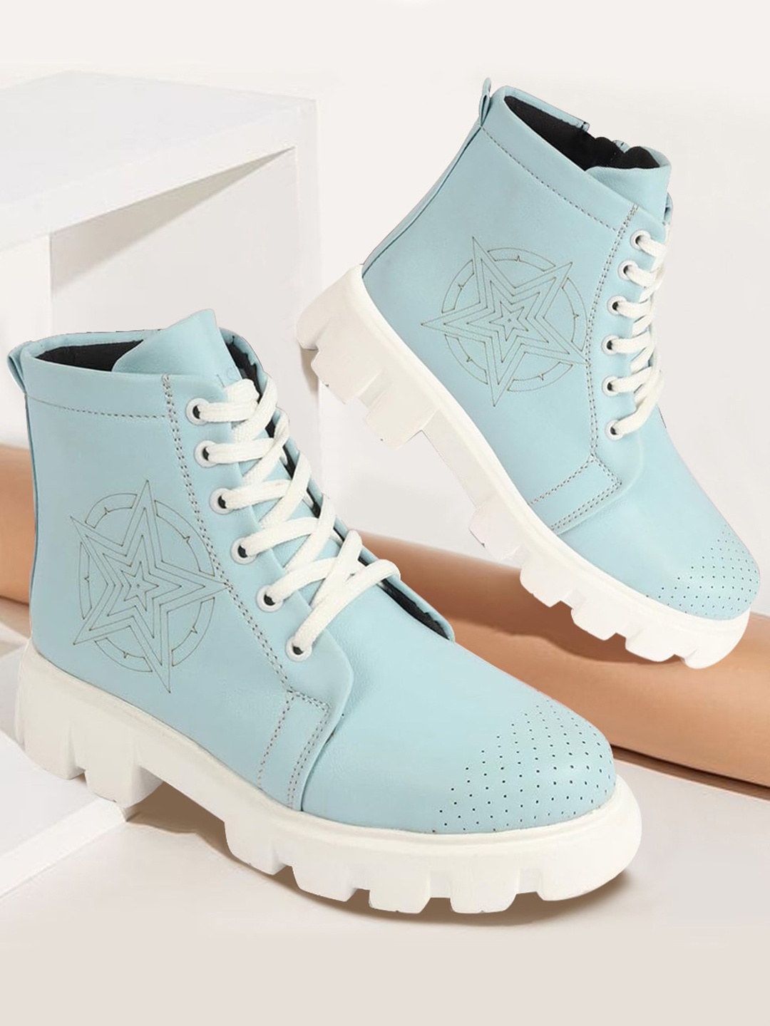 

FAUSTO Women Mid Top Perforation Platform Heeled Chunky Boots, Blue