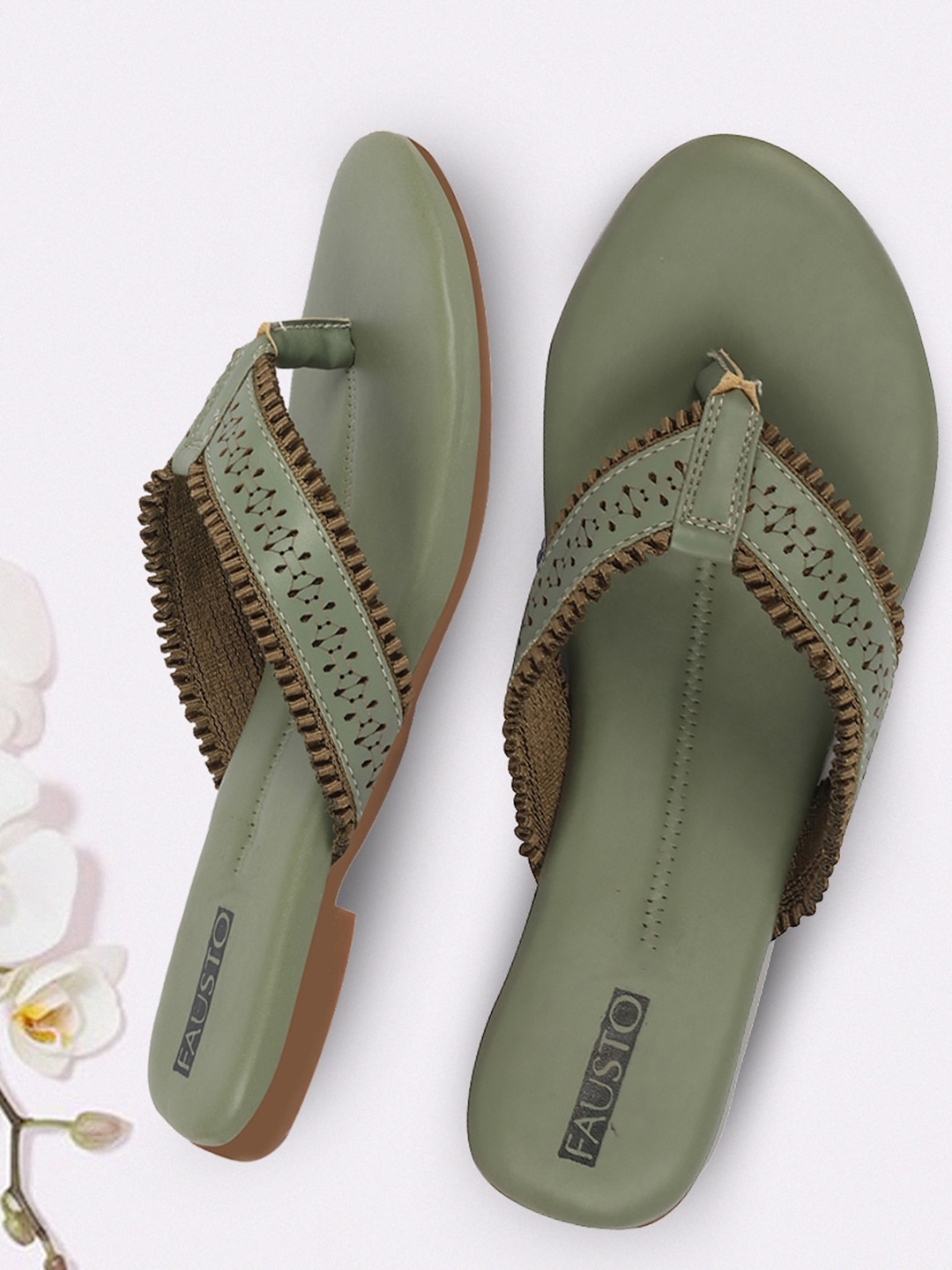 

FAUSTO Textured Open Toe Flats, Green