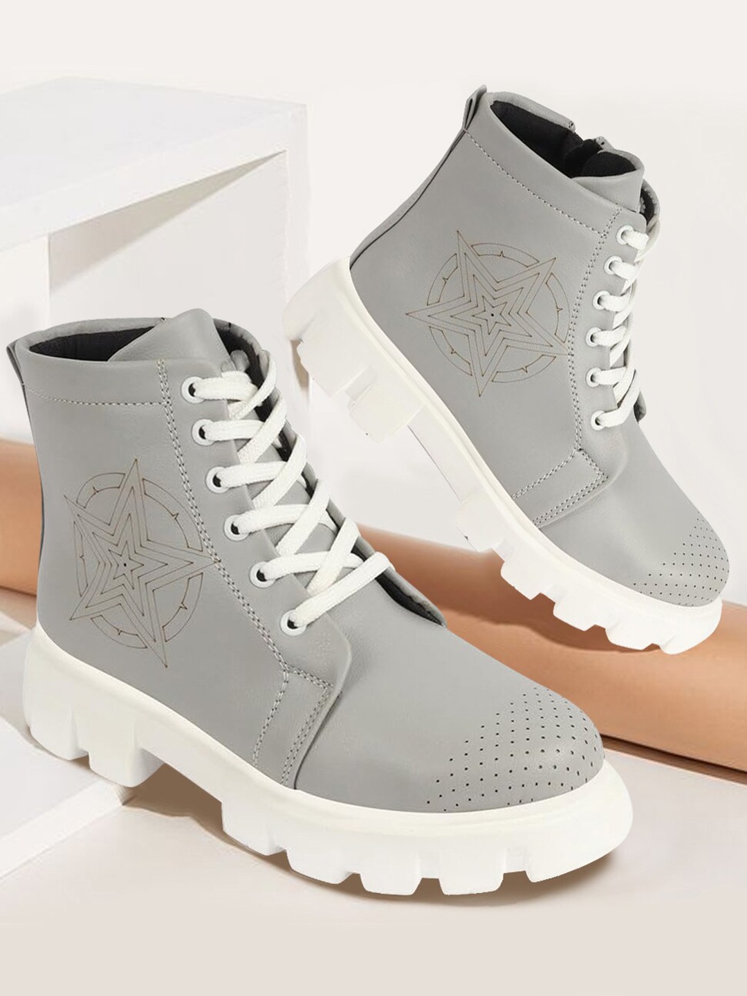 

FAUSTO Women Mid Top Perforation Platform Heeled Chunky Boots, Grey