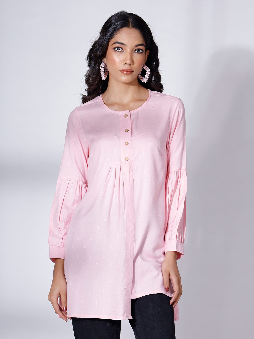 

soan Ethnic Motifs Woven Design High Low Placket A-Line Tunic, Pink