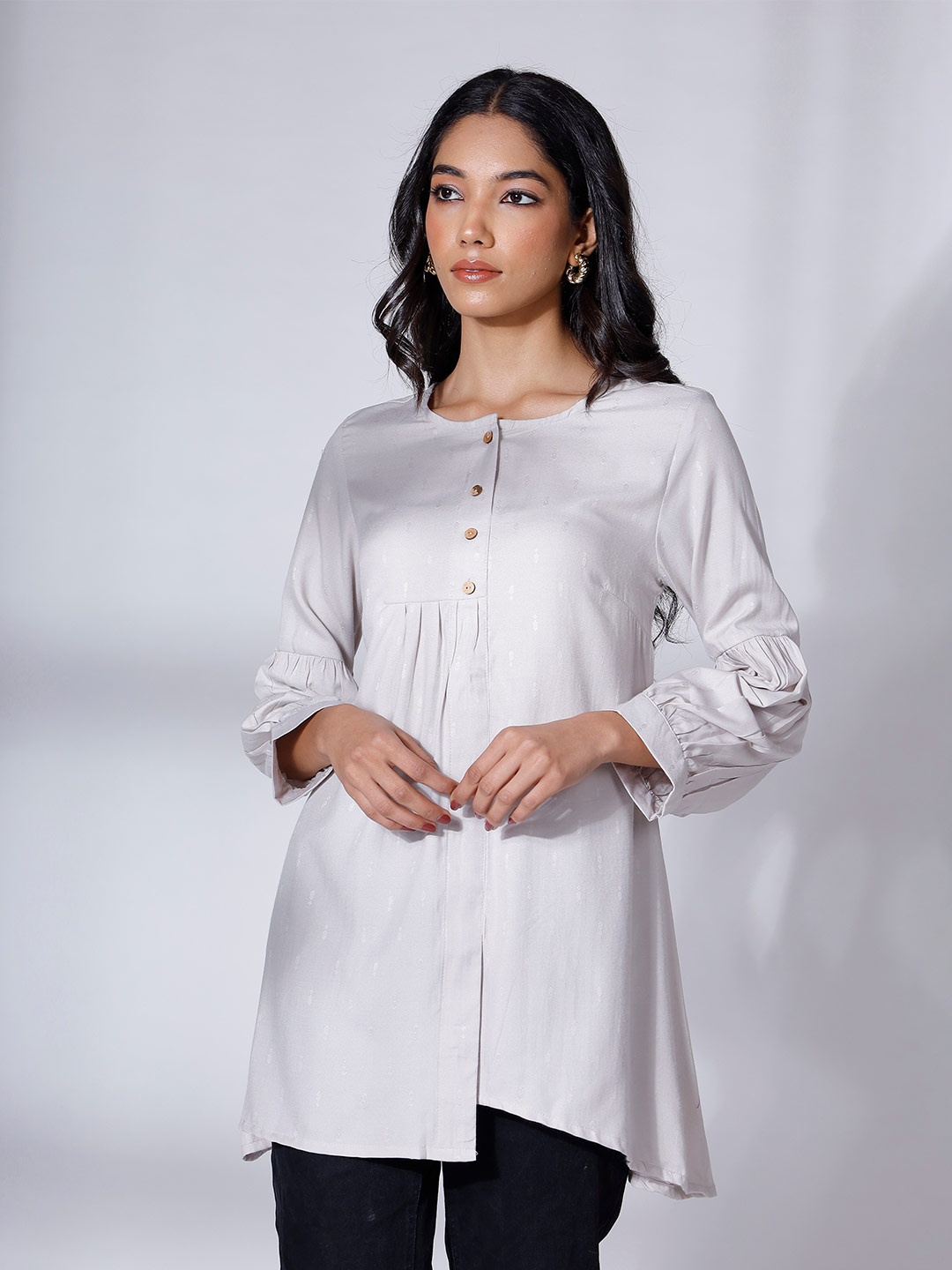 

soan Ethnic Motifs Woven Design High Low Placket A-Line Tunic, Off white