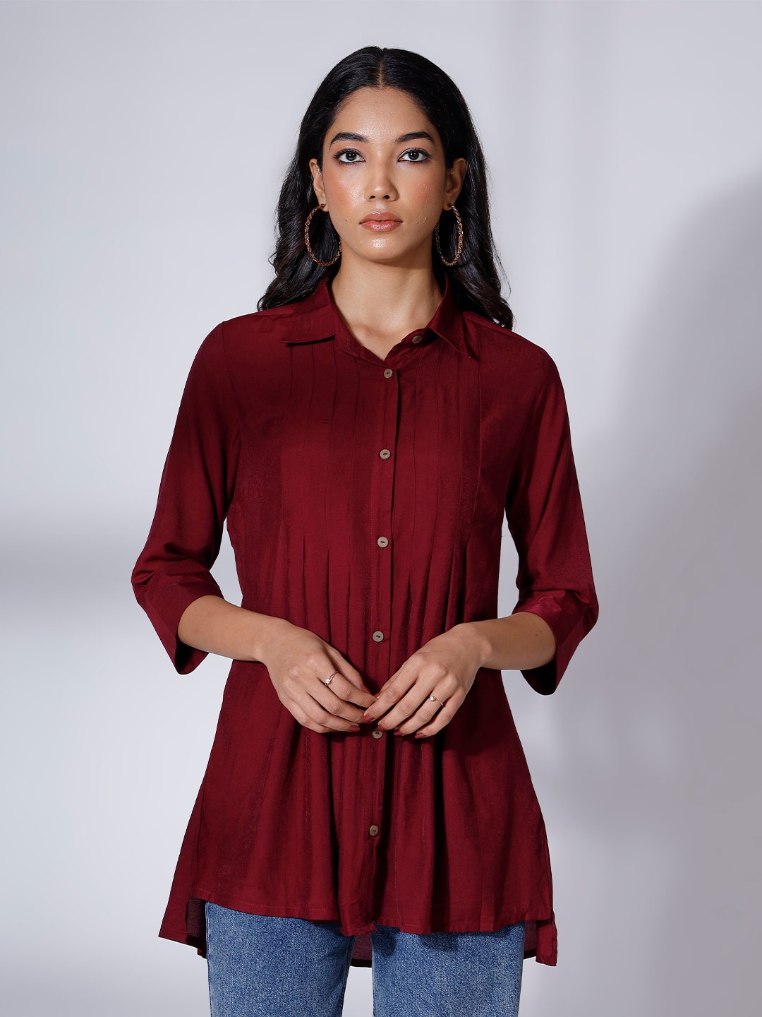 

soan Shirt collar Three-Quarter Sleeves Tunic Top, Maroon