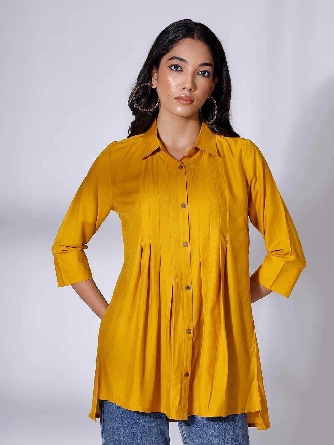 

soan Solid Shirt Collar Flared Tunic Top, Mustard