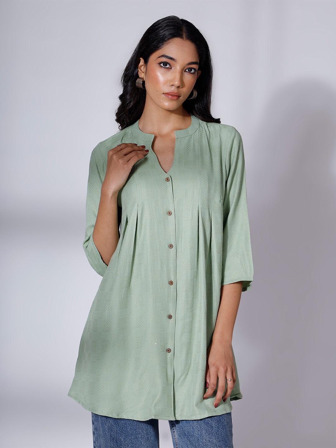 

soan Mandarin Collar A-Line Tunic, Green