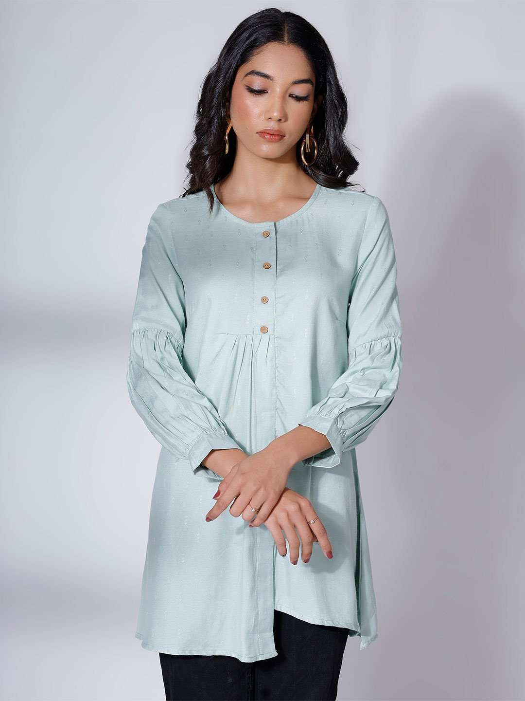 

soan Ethnic Motifs Woven Design High Low Placket A-Line Tunic, Sea green
