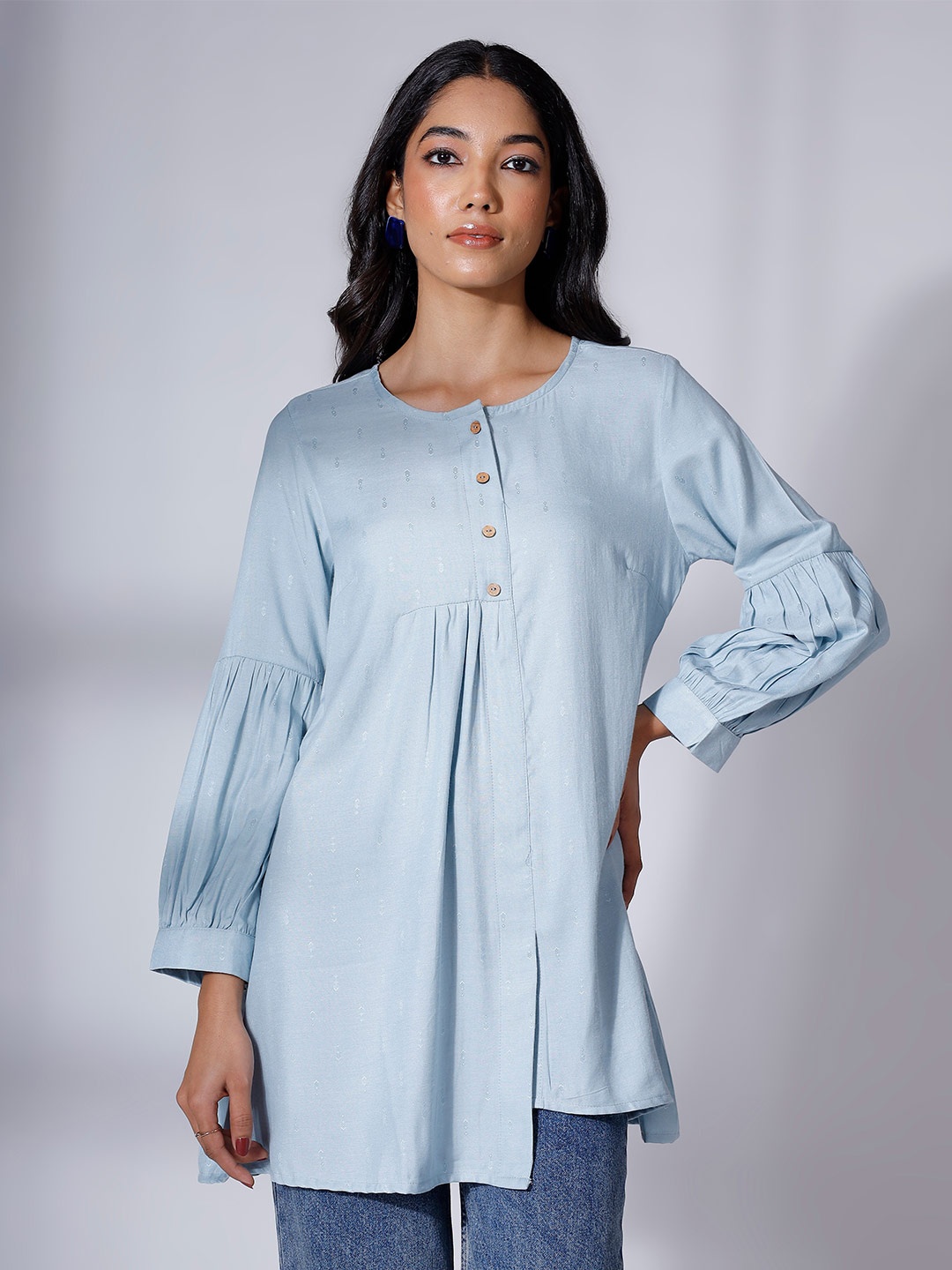 

soan Ethnic Motifs Woven Design High Low Placket A-Line Tunic, Blue