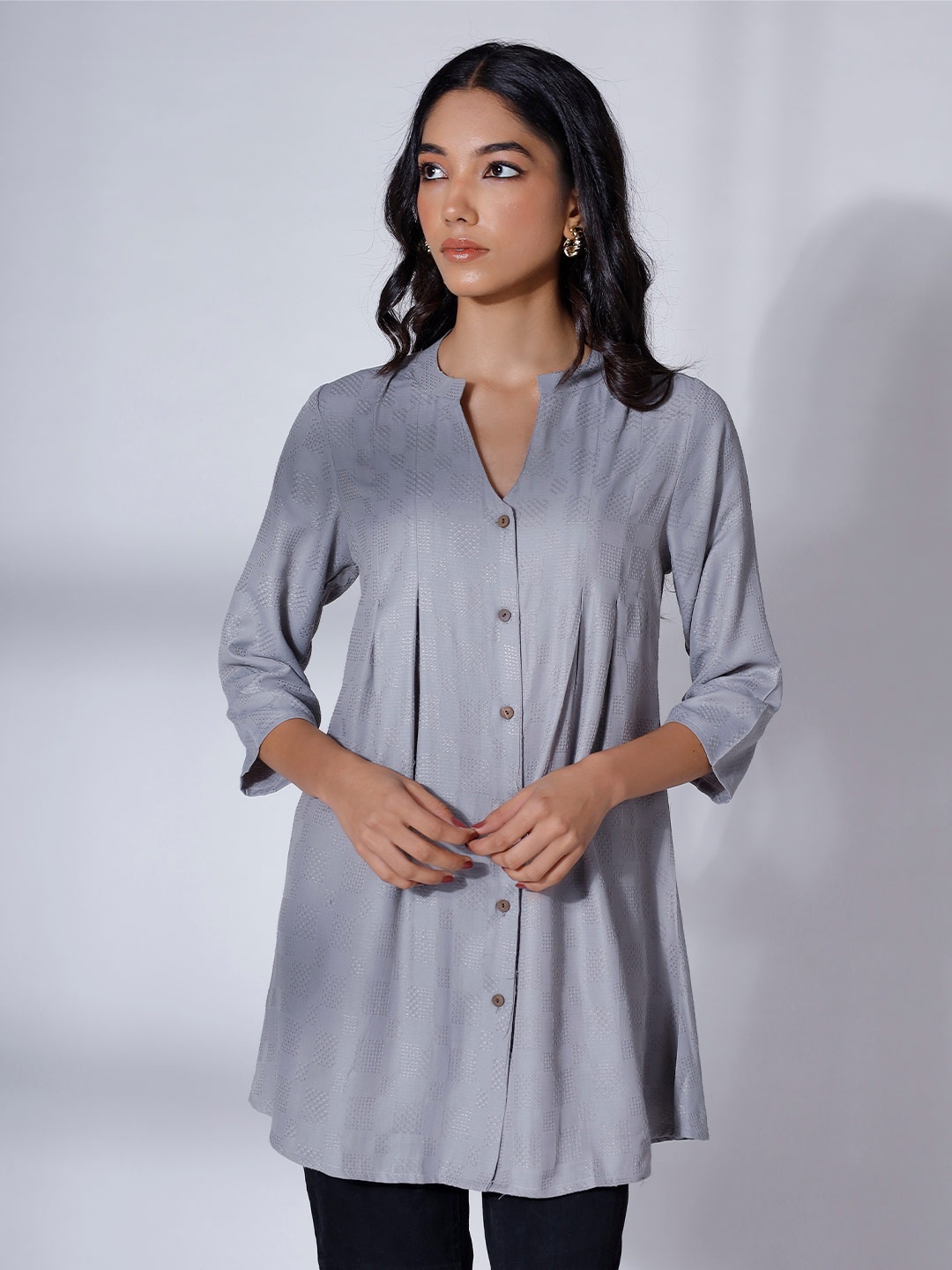 

soan Self Design Mandarin Collar Tunics, Grey