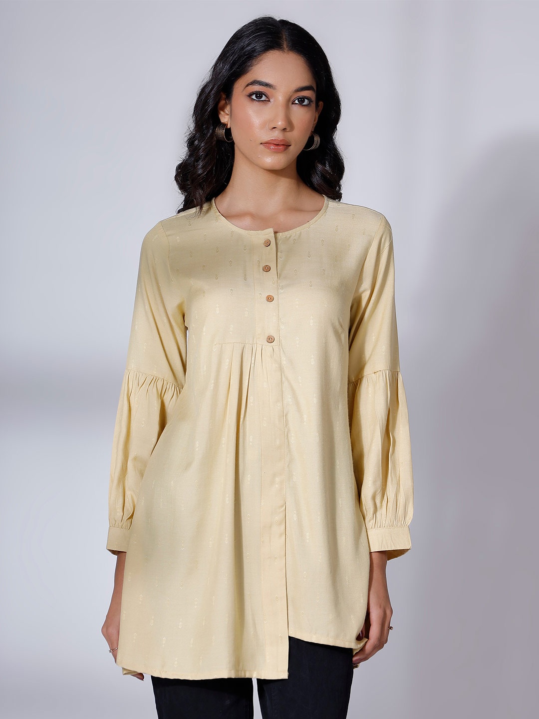 

soan Ethnic Motifs Woven Design High Low Placket A-Line Tunic, Yellow