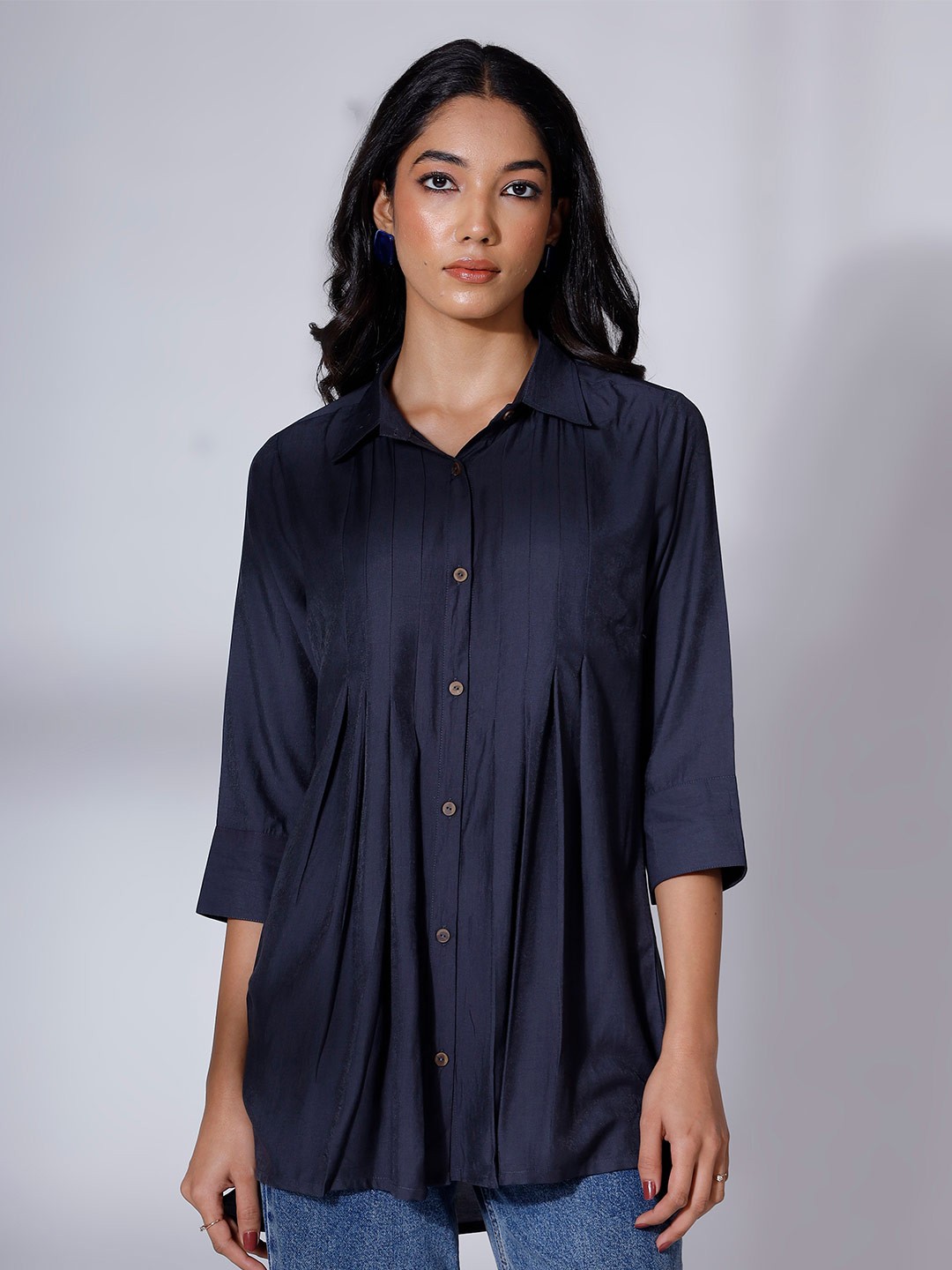 

soan Shirt Collar A-Line Tunic, Navy blue