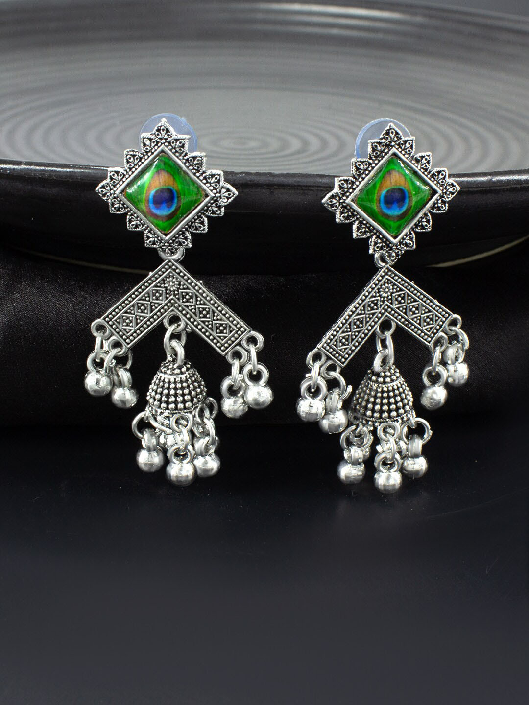 

PRIVIU Peacock Shaped Oxidised Jhumkas, Silver